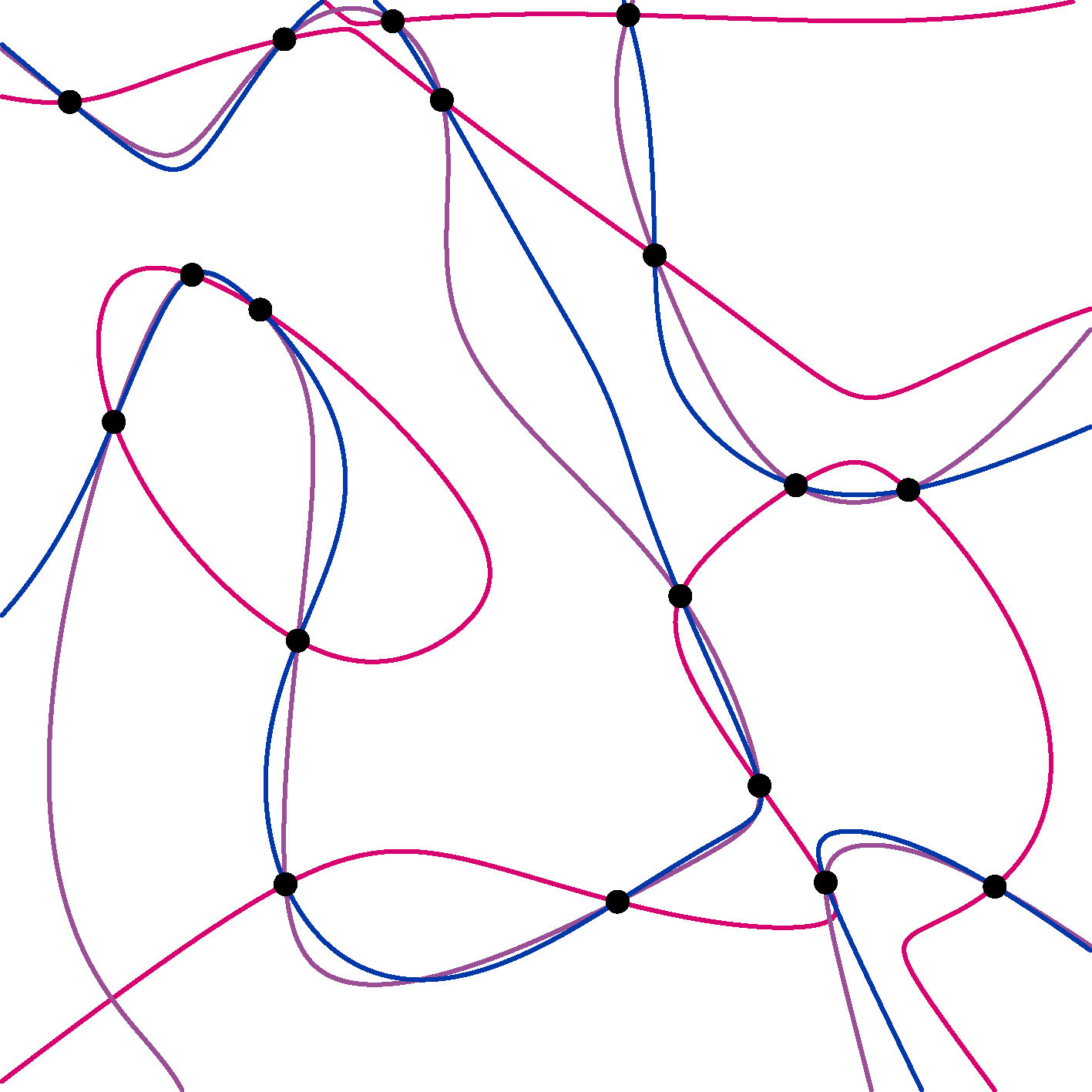 A rendering of three linearly independent quintics passing through 18 general points in the real plane.